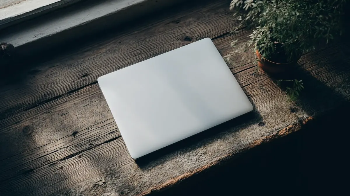 A closed laptop on a weathered timber workbench beside a small plant in early morning light.