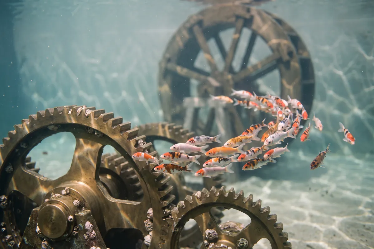 Koi swimming in formation past large submerged brass gears in green lake water