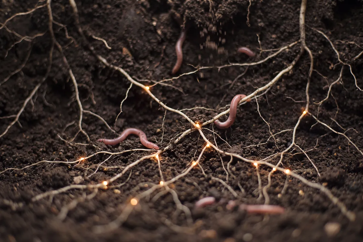 A cross section of dark soil threaded with pale roots, small warm lights glowing where they meet