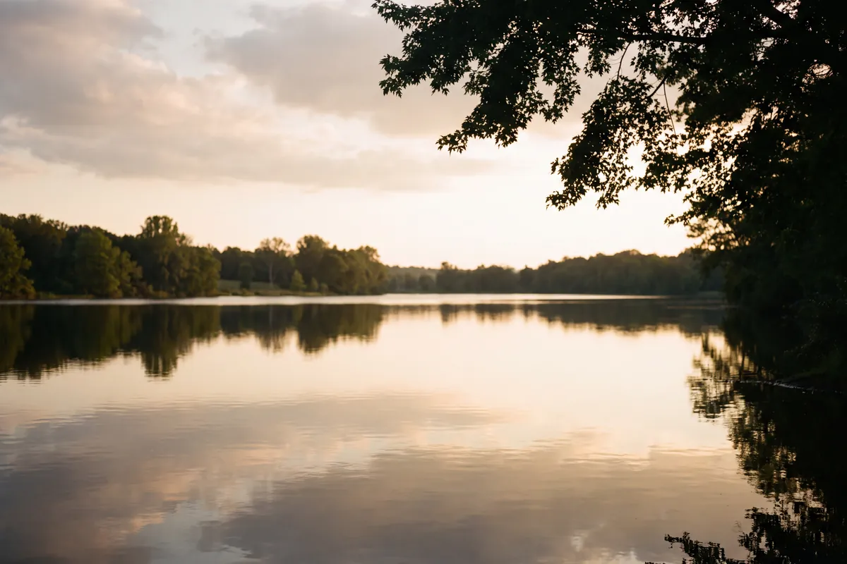 A bank of cloud catching the first warm light above a mirror-flat lake, seen from under overhanging branches