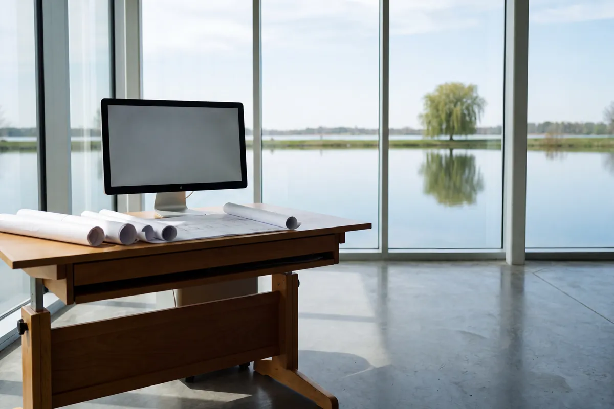 A drafting desk and a blank monitor inside a timber and glass studio, looking out over a still lake at dawn
